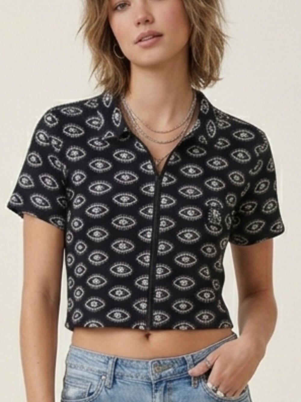 Lurking Class Zip Shirt Black Skull Eye Print Short Sleeve Gothic medium